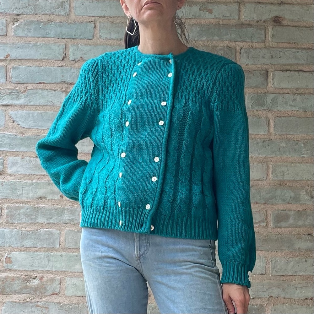 Vintage Cardigan Sweater 80s Teal Green Double Breasted Pearl Button Granny Knit